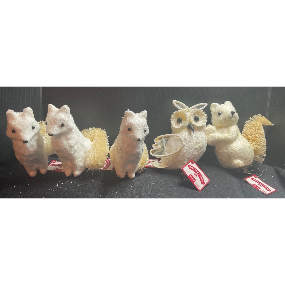 Set of 5 Animal Flocked Holiday Christmas Ornaments white glittery & bottlebrush
